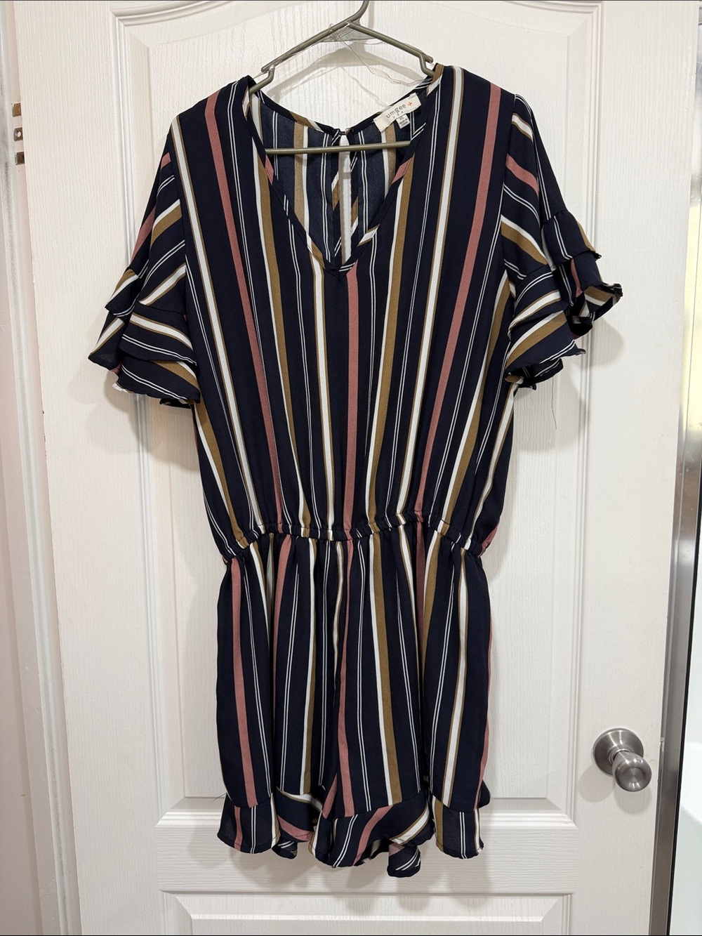 Umgee Navy Striped One-Piece Romper with Pink and Olive Accents
